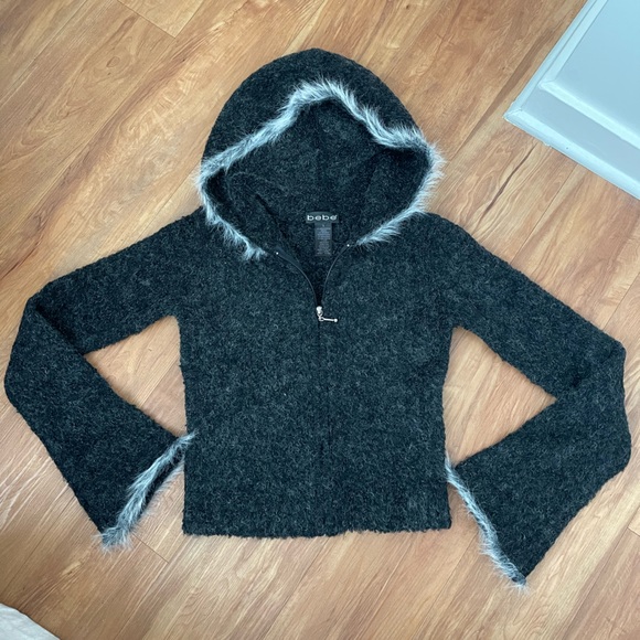 bebe Sweaters - 90’s Vintage Bebe Hoodie Faux Fur Bell Sleeve Trim Sweater Large